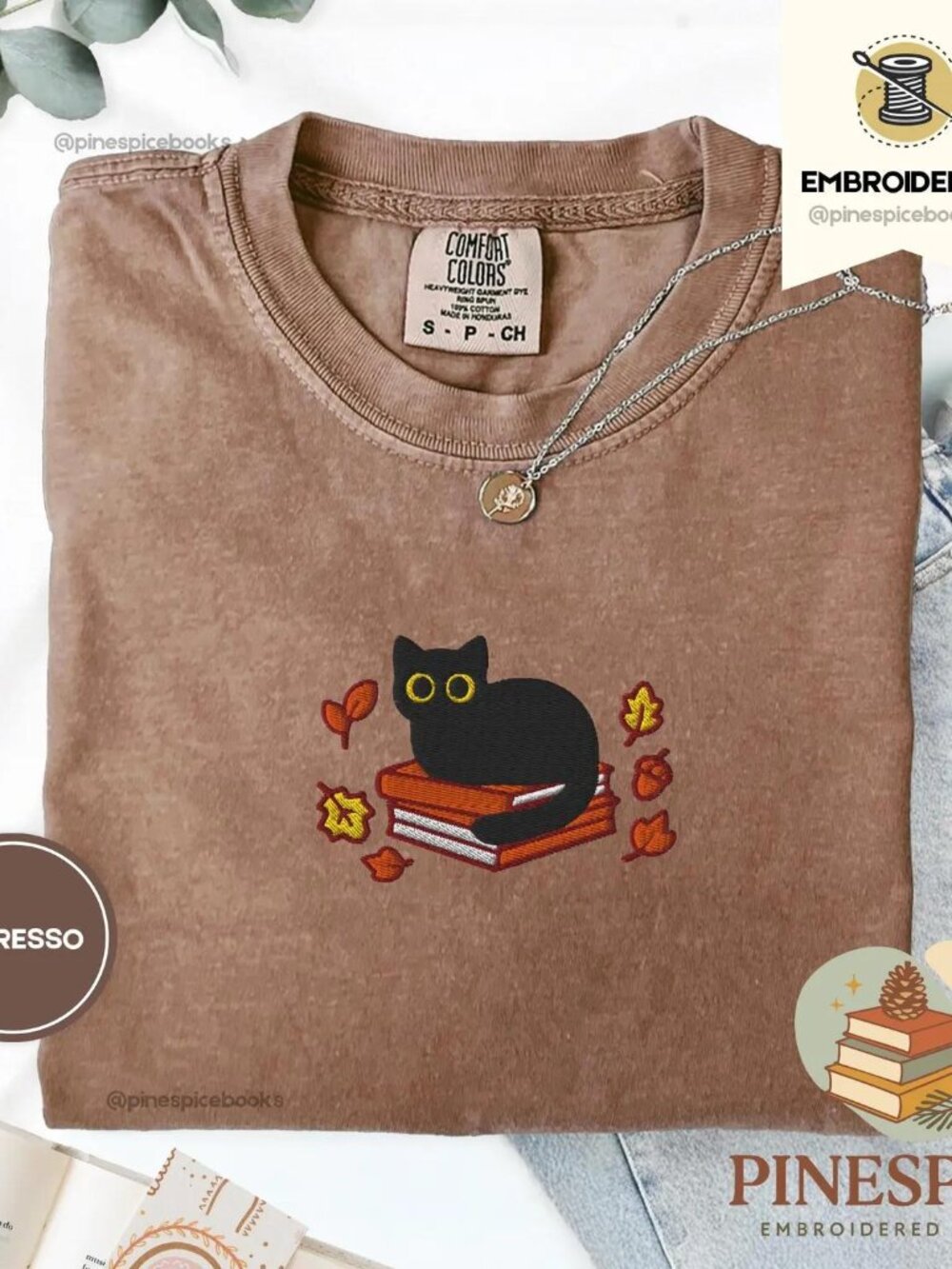 Fall Black Cat And Books Tee, Embroidered S 1717, Cozy Autumn Reader Shirt, Book